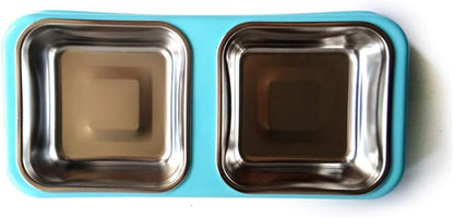 Pet Supplies Dog and Cat Rectangular Stainless Steel Food Double Bowl Drinking Bowl with Plastic Base(L-Rectangle-Blue)