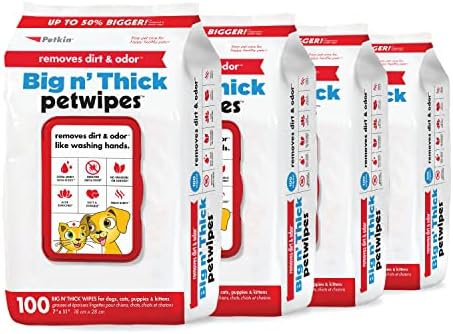 Petkin Pet Wipes for Dogs and Cats - 400 Large Wipes - Removes Dirt & Odor - Cleans Ears, Face, Butt, Eye Area - Convenient for Home or Travel - 4 Packs by Petkin