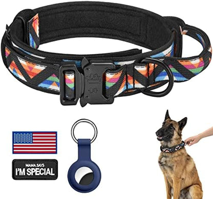 DAGANXI Tactical Dog Collar, Adjustable Military Training Nylon Dog Collar with Control Handle and Heavy Metal Buckle for Medium and Large Dogs, with Patches and Airtags Case (XL, Colorful Triangle) by DAGANXI