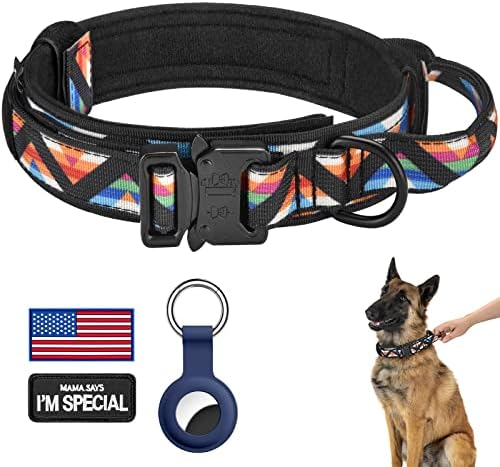 DAGANXI Tactical Dog Collar, Adjustable Military Training Nylon Dog Collar with Control Handle and Heavy Metal Buckle for Medium and Large Dogs, with Patches and Airtags Case (M, Colorful Triangle) by DAGANXI