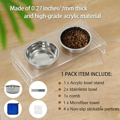 Tilted Raised Elevated Food and Water Bowls Stand for Cat or Small Dogs - Puppy's Clear Acrylic Stainless Steel Dishes Holder for Boy or Girl Pet,Modern,Durable and Easy to Clean by WBhonghui (Clear) - Image 6