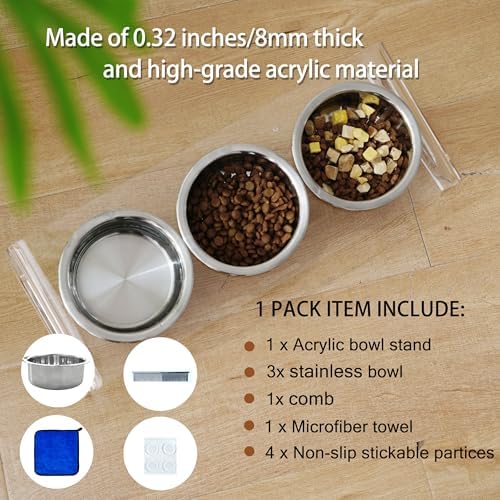 Tilted Raised Elevated Food and Water Bowls Stand for Cat or Small Dogs - Puppy's Clear Acrylic Stainless Steel 3 Dishes Holder for Boy or Girl Pet by WBhonghui (Clear-3bowls) - Image 6