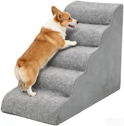 Simple Deluxe Dog Stairs for Small Dogs, 5-Step Curved Dog Step for Puppy, Older Cat, Medium Pet Ramp for Sofa, Couch or Chair, Indoor Non-Slip Pet Ladder with High Density Foam, Gray by SimpleDeluxe