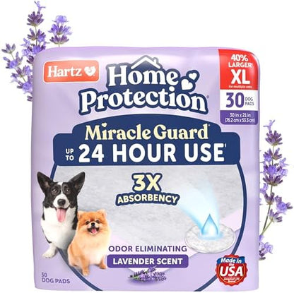 Hartz Miracle Guard Dog and Puppy Dog Pads Max Absorbency 24 Hour Use Odor Eliminating Lavender Scented No Leaks, X-Large Size 30 Count by Hartz