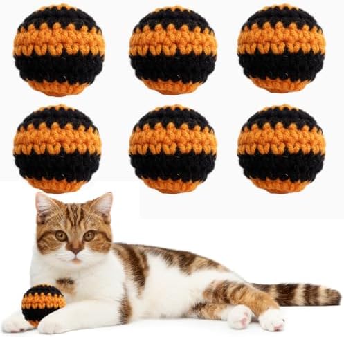 Woolen Yarn Cat Toys Ball with Bell, 6Pcs Colorful Indoor Cat Toy Balls Kitten Interactive Toys, Safe Teeth Cleaning Cat Chew Toy, Hand-Knitted Cat Toy Fit for All Breeds (Halloween Theme) by Petisourfriend