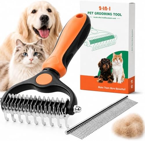 2-in-1 Pet Grooming Tool for Dogs & Cats, Double Sided Dematting Brush Set, Dual Teeth Pet Deshedding Comb for Shedding Fur Removal, Professional Grooming Rake for Long & Short Hair by Unknown