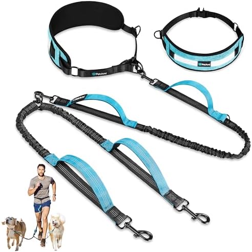 PetAmi Hands Free Double Dog Leash with Padded Lumbar Waist Belt, 360 No-Tangle Swivel Coupler, Bungee Shock Absorbing Dual Leash for Two Dogs Medium Large, Reflective, Turquoise by PetAmi