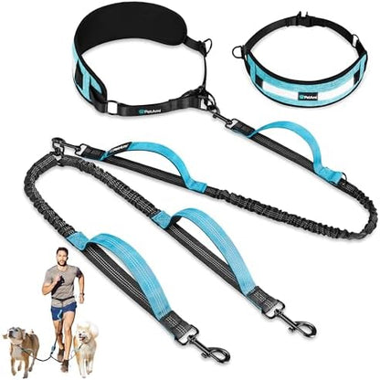 PetAmi Hands Free Double Dog Leash with Padded Lumbar Waist Belt, 360 No-Tangle Swivel Coupler, Bungee Shock Absorbing Dual Leash for Two Dogs Medium Large, Reflective, Turquoise by PetAmi