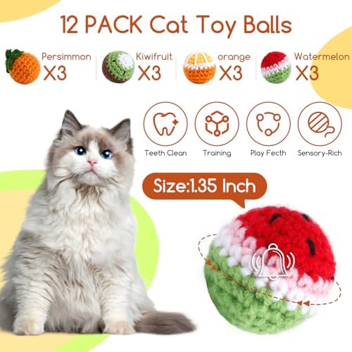 12 Pack Cat Toy Balls, Hand-Knitted Woolen Yarn Cat Balls Toy with Bell Inside, Interactive Kitty Toys for Indoor Kitten Teething, Chasing & Self Play(Fruit-Shaped) - Image 2