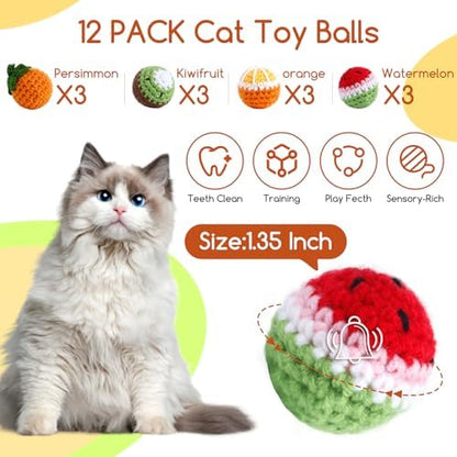 12 Pack Cat Toy Balls, Hand-Knitted Woolen Yarn Cat Balls Toy with Bell Inside, Interactive Kitty Toys for Indoor Kitten Teething, Chasing & Self Play(Fruit-Shaped) - Image 2