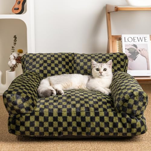 Faux Fur Cat & Dog Sofa Cat Couch Mini Cat Bed Indoor Human Style Pet Sofa, Modern Pet Furniture for Cats, Washable ＆ Removable Cover, for Cats and Small Medium Dogs (Black/Green, Large(30X21 inch)) by WARFORT