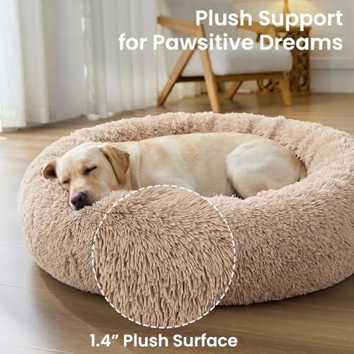 JOLLYVOGUE Calming Dog Beds Extra Large Sized Dog, 45in Donut Washable Large Pet Bed, Anti-Slip & Anti-Anxiety Fluffy Faux Fur Round Dogs Bed, Fits up to 125 lbs Pets (Camel) - Image 4