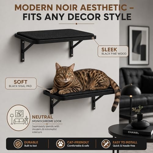 Cat Wall Shelves Set of 2, Black Solid Wood Window Perches with Sisal Mats - Image 5