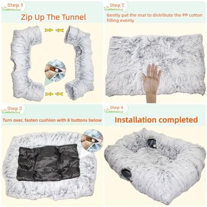 XxingSheep 4 Cave Shuttled XL Cat Tunnel Bed for Indoor Cats Peekaboo Toy Donut with Warm Mat, Azure Blue - Image 6