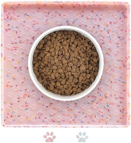 Ptlom Dog Food Mat Anti-Slip Dog Bowl Mats for Food and Water, Waterproof Pet Placemat Prevents Messy Spill to Floor, Silicone Puppy Feeding Tray for Small, Medium and Large Dogs Cats, Pink by PTLOM