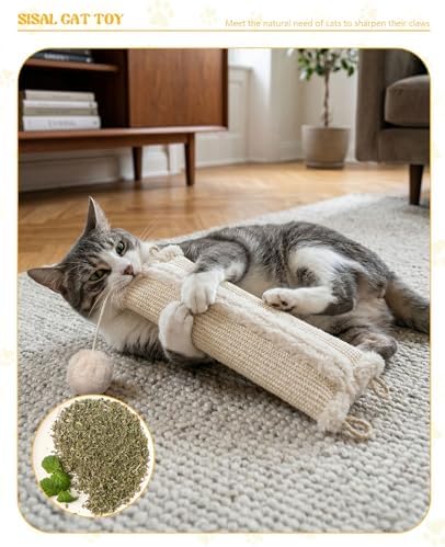 16.5 Inch Sisal Catnip Pillow Toy Kickers, Washable Sisal Cover, Interactive Cat Toys with Sisals Balls for Indoor Scratching, Chewing & Teething, Fun for Kittens and Adult Cats (Beige) - Image 4