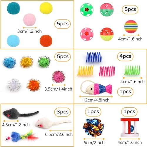 QUOZUO Cat Toys Kitten Toys Assortments, 32 Packs Interactive Cat Toy Variety Pack for Kitty, Cat Wand Toy, Cat Crinkle Balls Bell Balls with Bells, Cat Spring Toy, Catnip Toys for Indoor Cats Kitten - Image 3