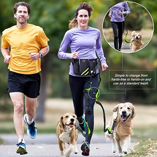 SHINE HAI Retractable Hands Free Dog Leash with Dual Bungees for 2 Dogs, Adjustable Waist Belt, Reflective Stitching Leash for Running Walking Hiking Jogging Biking Black - Green1 - Image 2