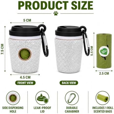 Diamond Rhinestone Coffee Cup Dog Poop Bag Holder for Leashes Leak Proof Trash Bag Dispenser with Carabiner Includes 15 Scented Dog Waste Bags Pet Walking Accessories for Cats Litter Gift - Image 5