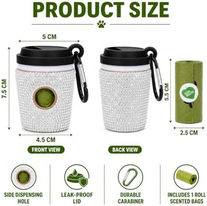 Diamond Rhinestone Coffee Cup Dog Poop Bag Holder for Leashes Leak Proof Trash Bag Dispenser with Carabiner Includes 15 Scented Dog Waste Bags Pet Walking Accessories for Cats Litter Gift - Image 5