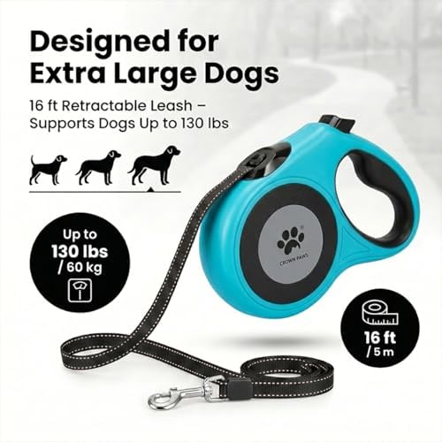 16 ft Retractable Dog Leash for Extra Large Dogs up to 130 lbs,Tangle-Free Nylon Tape,Blue Dan24 XL - Image 4