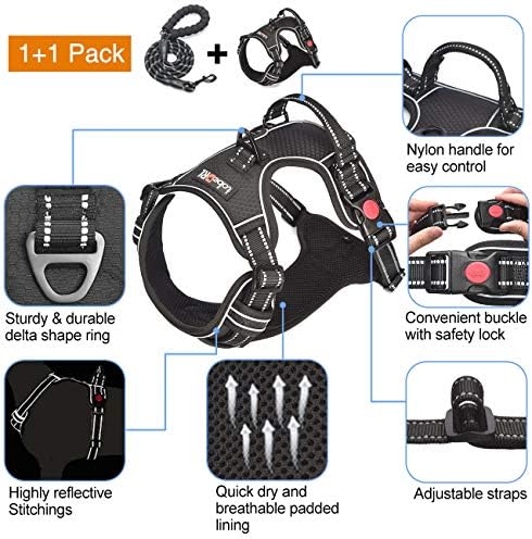 tobeDRI No Pull Dog Harness Adjustable Reflective Oxford Easy Control Medium Large Dog Harness with A Free Heavy Duty 5ft Dog Leash, Black, M - Image 3