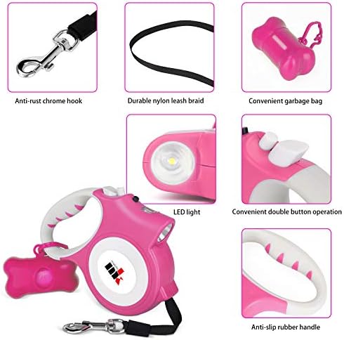 Retractable Dog Leash with LED Light Makife 5m Extendable Dog Lead for Small Medium Puppis up to 25kgs, One-Hand Brake & Lock System, Ergonomic Handle - Pink - Image 4