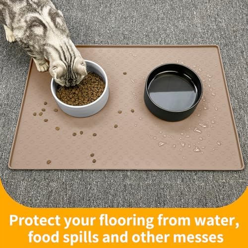 Ptlom Dog Food Mat Waterproof Pet Bowl Mats with High Lips, Non-Slip Dog Placemat Prevent Messy Spills to Floor, Silicone Puppy Feeding Tray for Small, Medium Large Dogs Cats, Taupe, 24.5" 16.5" - Image 5