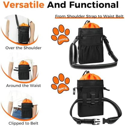 Aosbos Dog Treat Pouch with Built-in Poop Bag Dispenser & Easy-Clean Liner - Dog Training Treat Bag with Reflective Strap & Belt Clip, Black Orange - Image 2