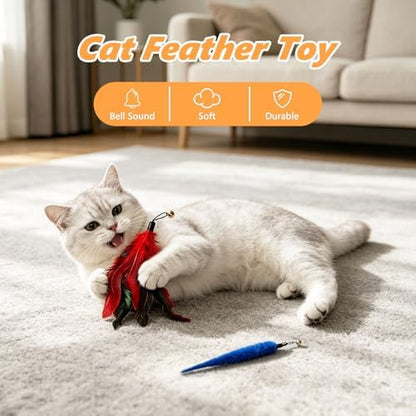 Cat Toys Interactive Feather Teaser Wand Set, Retractable Cat Fishing Pole Toy with Assorted Replaceable Attachments & Bells, Fun Hunting Exercise Toys (11 Pack) - Image 2