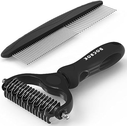 Docrok Pet Grooming Combo: Undercoat Rake, Dematting Deshedding Brush for Long-Haired Dogs and Cats, Black by DOCROK
