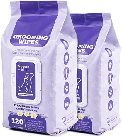 Pets Lavender Vanilla Pet Dog Grooming Cloths - 120 Wipes, 2 Pack by Nuesta