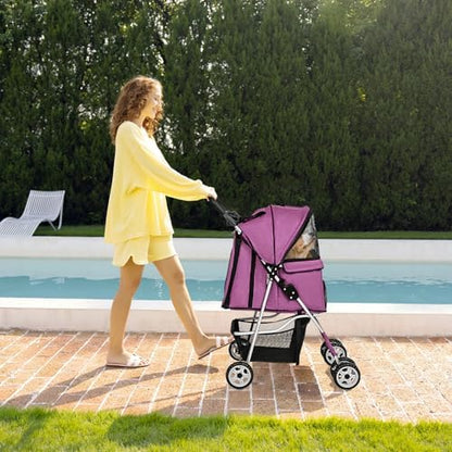 FDW 4 Wheels Pet Stroller Folding Dog Cat Jogger Stroller with Storage Basket &Cup Holder Portable Lightweight Travel Carrier, Purple - Image 2