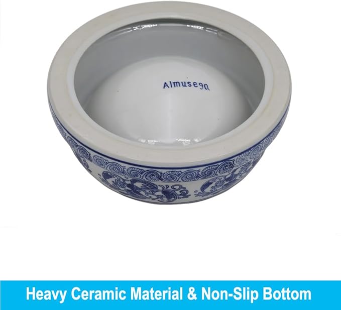 Aimusego Basics Ceramic Non-Skid Pet Dog Water and Food Bowl,Chinoiserie Blue&White Dog Cat Puppy Feeding Bowls Dish,Ideal for Small to Medium Dogs 9inch