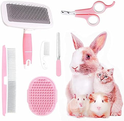 Small Animal Pet Grooming Kit with Pet Shedding Slicker Brush, Bath Massage Glove, Pet Grooming Comb, Nail Clipper Trimmer for Rabbit, Puppy, Kitten, Guinea Pig, Hamster, Ferret (Pink) by Crafterlife