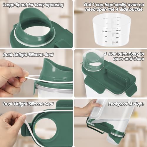 LEAWALK 5-7lbs Cat Dog Storage Container Portable with Upgraded Large Spout and Cup, Plastic Pet Food Dispenser BPA-Free for Small Animal Kibble, Bird Seed, Oatmeal, Rice, Flour-2Pack Royal Green - Image 3