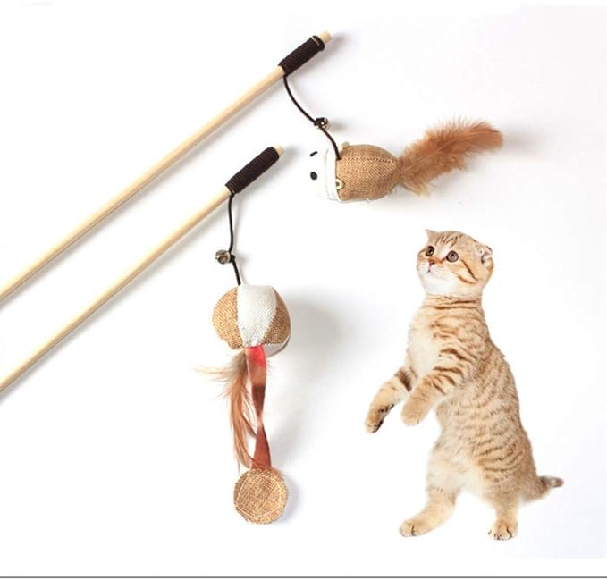 Artshu 6pcs 40cm Feather Linen Wand Cat Catcher Teaser Stick Interactive Toys Wood Rod Mouse Toy with Mini Bell