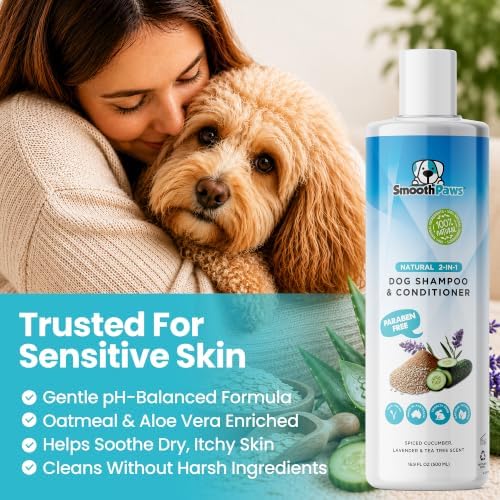 2-in-1 Natural Dog Shampoo & Conditioner – pH-Balanced for Dogs & Puppies | Gentle Oatmeal & Aloe Vera Formula for Sensitive Skin | Spiced Cucumber, Lavender & Tea Tree Scent | 16.9 oz | - Image 6