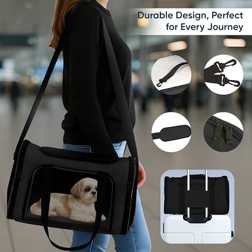 Pet Travel Carrier Bag – Airline Approved Soft-Sided Dog & Cat Carrier, Foldable, Breathable Mesh, Washable Pad – Fits Pets up to 15 lbs – The Pup Quartet (Black) - Image 3