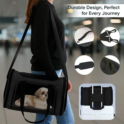 Pet Travel Carrier Bag – Airline Approved Soft-Sided Dog & Cat Carrier, Foldable, Breathable Mesh, Washable Pad – Fits Pets up to 15 lbs – The Pup Quartet (Black) - Image 3