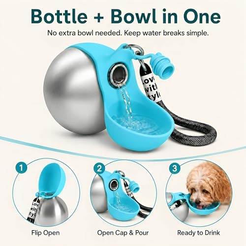 2 in 1 Dog Water Bottle Portable with Bowl, 10oz Stainless Steel, Blue - Image 5