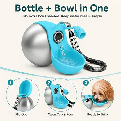 2 in 1 Dog Water Bottle Portable with Bowl, 10oz Stainless Steel, Blue - Image 5