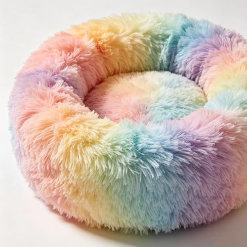 Cat Beds for Indoor Cats - Anti Anxiety Round Dog Beds for Small Medium Dogs, Fluffy Plush Faux Fur Pet Bed (Rainbow, Large 24" L x 24" W) - Image 2