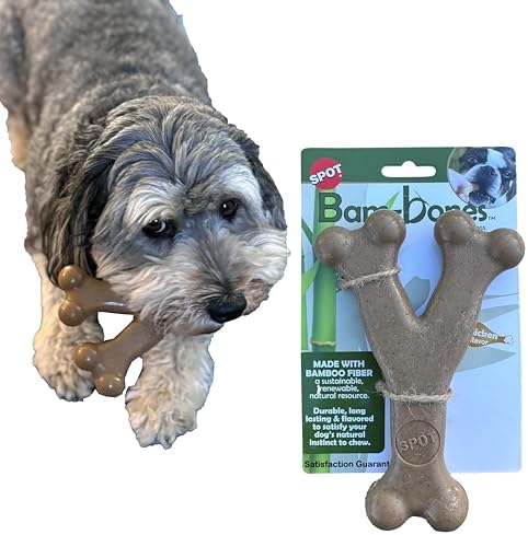 SPOT Bam-Bones Wishbone Dog Chew Toy, Bamboo Fiber Blend, Non-Splintering Durable Chew for Light to Moderate Chewers, Adult Dogs & Teething Puppies 25–50 lbs, Chicken Flavor, 7 in by SPOT
