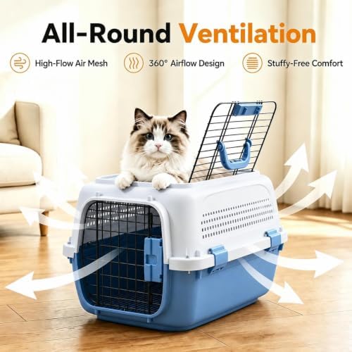 23" Airline Approved Cat Carrier Hard Shell, Dual-Entry Pet Carrier with Top & Front Doors, Detachable Food Bowl & Secure Lock, Breathable Dog Carrier for Cats & Small Dogs Up to 22 lbs - Blue - Image 4