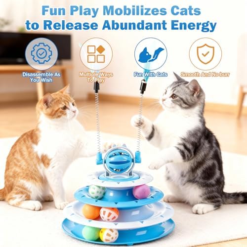 Cat Turntable Toy Ball - Interactive Kitten Toys & Toys for Indoor Cats with 6 Colorful Balls & 2 Cat Teaser Wands, Fun Mental & Physical Exercise Puzzle Plaything for Kitty Kitten to Play (Blue) - Image 2