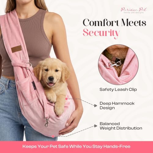 Parisian Pet Dog Sling - Pink Puppy Carrier Sling - Adjustable Shoulder Straps Pet Bag - Soft Polyester Dog Carrying Sling - Dog Carrying Front Pouch for Small, Medium Dogs - Image 5