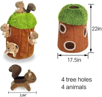 Glow Pups Squirrel in Tree Hide and Seek Plush Squirrel Inside Trunk Interactive Burrow Dog Toy for Small and Medium Size Dogs, Tree with Squirrels