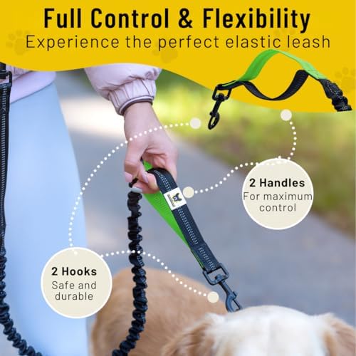 Hundefreund Hands-Free Dog Leash Replacement Bungee (47–67”) – Extension for Medium & Large Dogs – Shock-Absorbing with Dual Handles & Reflective Stitching (Green) - Image 2