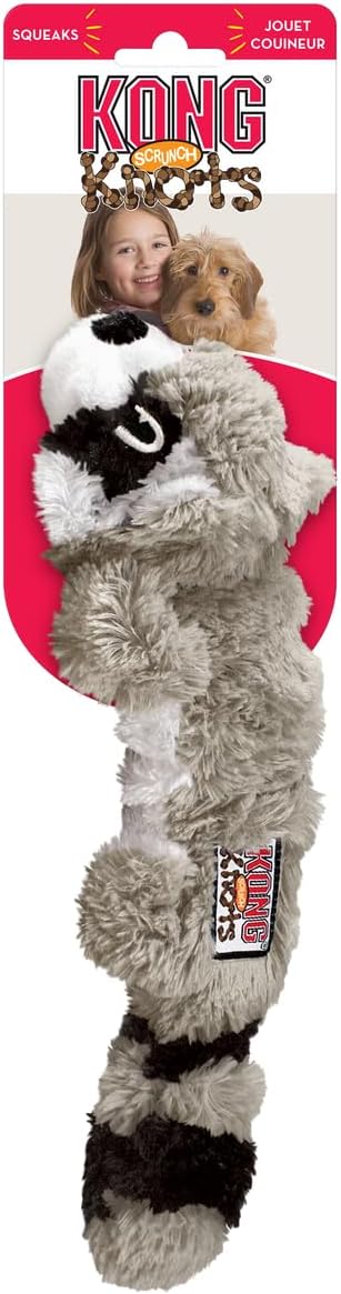 KONG Scrunch Knots 2 Pack Dog Toy – Stuffing-Free Plush with Internal Knotted Ropes & Squeaker – Durable Tug & Chew Toy (Squirrel/Raccoon Combo, Medium/Large)